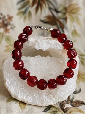 Lipstick Red Wet Looking Glass Round Pinched Beads Beaded Bracelet Barrel Clasp